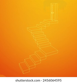 Stairway path to open door. Steps leading into the future concept. Wireframe low poly mesh vector illustration