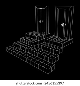 Stairway path to open door. Steps leading into the future concept. Wireframe low poly mesh vector illustration