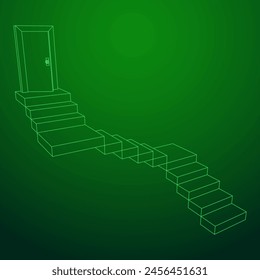Stairway path to open door. Steps leading into the future concept. Wireframe low poly mesh vector illustration
