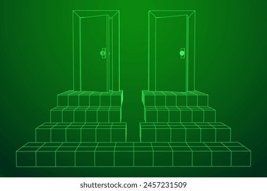 Camino de escalera para abrir la puerta. Pasos hacia el futuro concepto. Ilustración vectorial de malla de polietileno baja