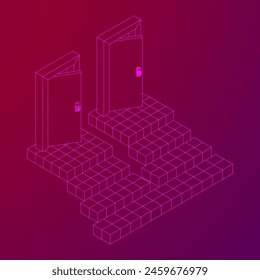 Stairway path to open door. Steps leading into the future concept. Wireframe low poly mesh vector illustration