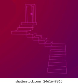 Stairway path to open door. Steps leading into the future concept. Wireframe low poly mesh vector illustration