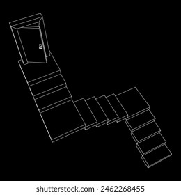 Stairway path to open door. Steps leading into the future concept. Wireframe low poly mesh vector illustration