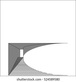 Stairway in the portal with straight and cylindrical walls. Architectural design. White faces, black edges, grey shadows. Vector 3d render. Perspective view.