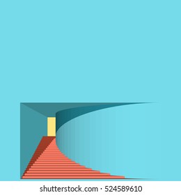 Stairway in the portal with straight and cylindrical walls. Red stairs, blue walls, yellow doorway. Vector 3d architectural render with shadows. Perspective view. Light at the end of tunnel.