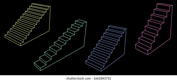 Stairway set. 3d Vector outline illustration. Isolated on black background. 