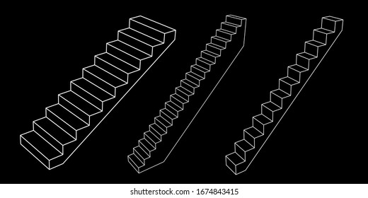 Stairway set. 3d Vector outline illustration. Isolated on black background. 