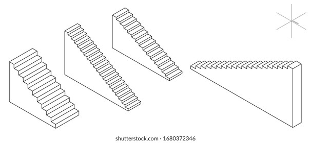 Stairway set. 3d Vector outline illustration. Isometric projection. Isolated on white background. 