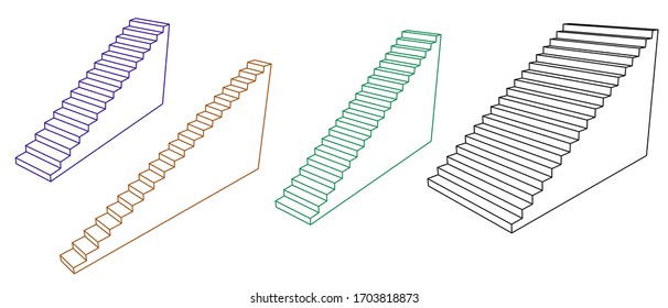 Stairway set. 3d Vector outline illustration. Isolated on white background. 