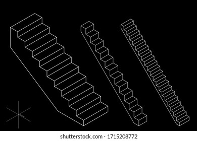 Stairway set. 3d Vector outline illustration. Isometric projection. Isolated on black background. 