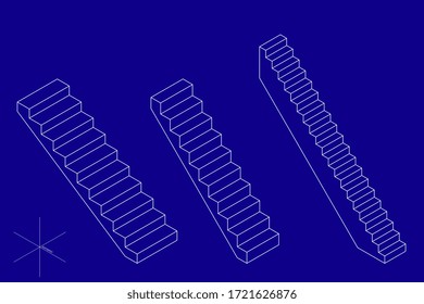 Treppenset. 3D-Vektorgrafik. Isometrische Projektion. Einzeln auf blauem Hintergrund.