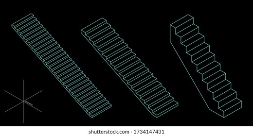 Escalera. 3d Ilustración del contorno vectorial. Proyección isométrica. Aislado sobre fondo negro. 