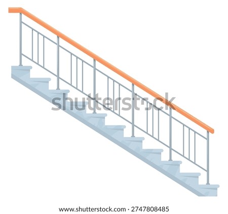 Stairway side view. Flight stairs with stone steps and handrail