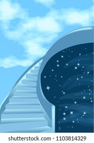 Stairway to the sky. Abstract background with clouds and stars