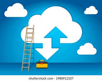 Stairway to the sky to the cloud and toolbox. Cloud servers service ad. Illustration, vector