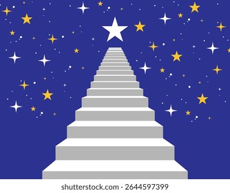 Escadaria para uma estrela, cercada por estrelas e um céu noturno.