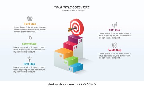 Plantilla de presentación infográfica de la Escalera al Éxito con cinco pasos en una relación 16:9 con una placa de destino isométrica 3D e icono empresarial para objetivos empresariales, informes empresariales y diseño de sitios web.