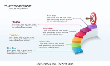 Plantilla de presentación infográfica de la Escalera al Éxito con seis pasos en una relación 16:9 con una placa de destino isométrica 3D para objetivos empresariales, informes empresariales y diseño de sitios web.