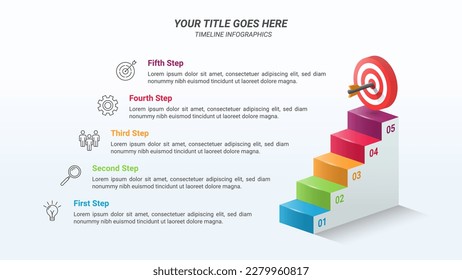 Plantilla de presentación infográfica de la Escalera al Éxito con cinco pasos en una relación 16:9 con una placa de destino isométrica 3D e icono empresarial para objetivos empresariales, informes empresariales y diseño de sitios web.