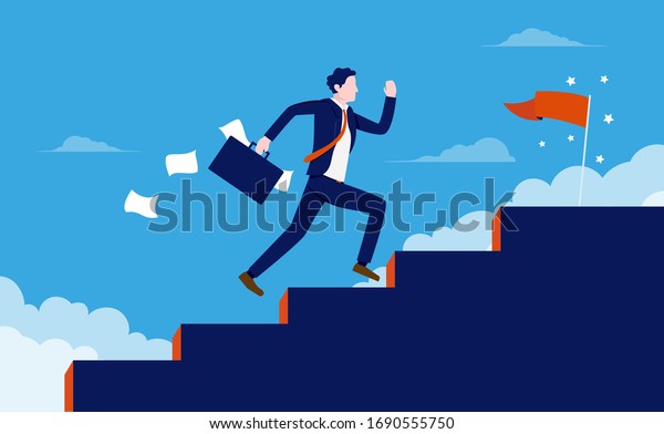 Stairway to success - Man\
running fast up stairs to reach his goals. Metaphor for quick\
business success, boost personal career, and winning. Vector\
illustration.