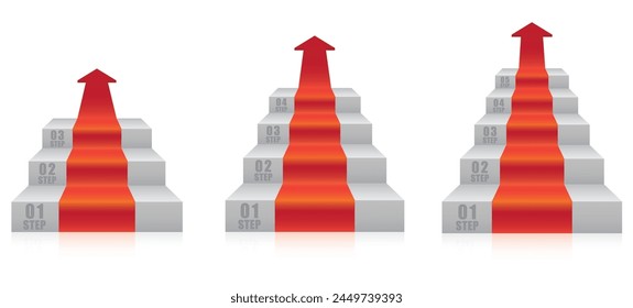 Stairway to Success, Steps to Achievement, 3 steps, 4 steps, 5 steps. Main object, shadow and bakcground are on different layers. Object editable