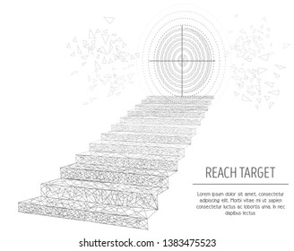 Stairway to target, low poly wireframe mesh made of points, lines and shapes. Vector polygonal art style illustration. Reach target, path to success concept poster banner template with copy space.