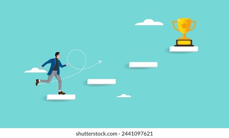 stairway to victory or success illustration, career path or step to achieve business target and goals, businessman running up stairs to reach trophy of success concept vector illustration