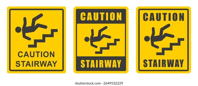 Stairway warning sign. Watch Step Down caution icon symbol. Yellow sign warning of danger. Vector illustration image. Isolated on background.