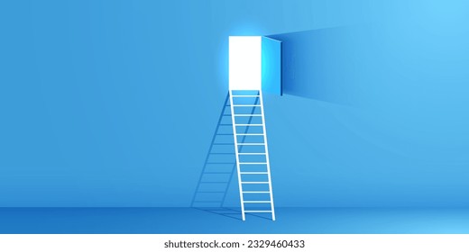 Stais leading to a glowing door. Concept of opportunity and goal achievement. Vector illustration