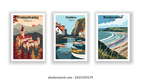 Staithes, England. Transylvania, Romania. Woolacombe, Devon - Set of 3 Vintage Travel Posters. Vector illustration. High Quality Prints