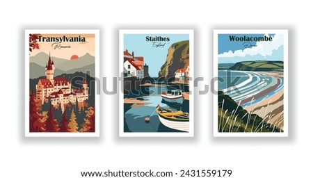 Staithes, England. Transylvania, Romania. Woolacombe, Devon - Set of 3 Vintage Travel Posters. Vector illustration. High Quality Prints
