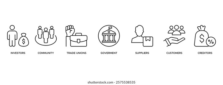 Stake holder relationship banner web icon illustration concept for stakeholder, investor, government, and creditors with icon of community, trade unions, suppliers, and customers