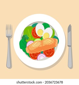 Stake salmon on salad dish with elements of egg, tomato, cucumber, onion, green lettuce, and fork, knife plate placed next to the plate 