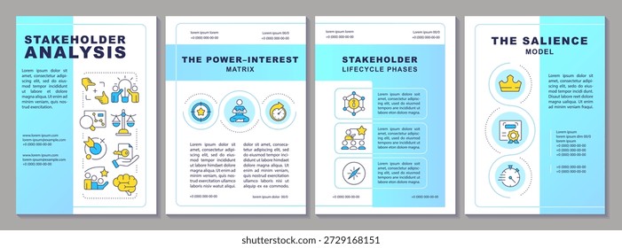 Layout der Broschüre zur Analyse von Interessengruppen. Aussagemodell, Projektmanagement. Faltblatt-Werbedesign mit Farblinien-Symbolen. Bearbeitbar auf 4 Seiten