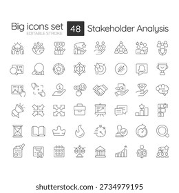Stakeholder analysis line icons set. Goal setting, strategic planning. Human resources, business management. Isolated vector outline illustrations. Thin lineart iconset symbols. Editable stroke