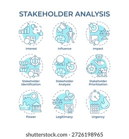 Ícones de conceito azul suave de análise de partes interessadas. Crescimento de juros, gerenciamento de negócios. Investimento em start-ups. Pacote de ícones. Imagens vetoriais. Ilustrações em forma redonda para livreto, artigo. Ideia abstrata