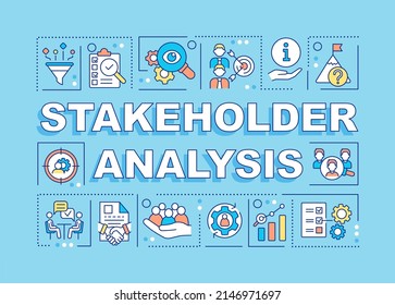 Stakeholder analysis word concepts blue banner. Potential partners. Infographics with icons on color background. Isolated typography. Vector illustration with text. Arial-Black font used