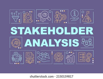 Stakeholder analysis word concepts purple banner. Potential partners. Infographics with icons on color background. Isolated typography. Vector illustration with text. Arial-Black font used