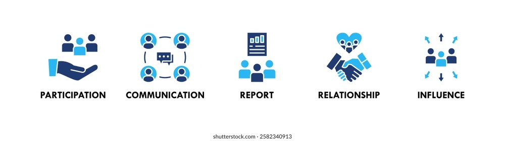 Stakeholder banner web icon illustration concept with icon of participation, communication, report, relationship, and influence