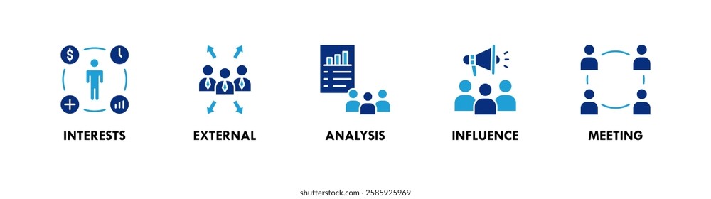 Stakeholder banner web icon illustration concept with icon of interests, external, analysis, influence, and meeting