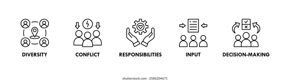 Stakeholder banner web icon illustration concept with icon of diversity, conflict, responsibilities, input, and decision-making