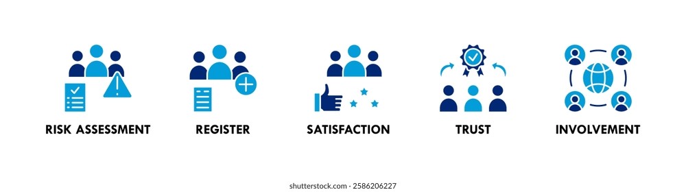 Stakeholder banner web icon illustration concept with icon of risk assessment, register, satisfaction, trust, and involvement