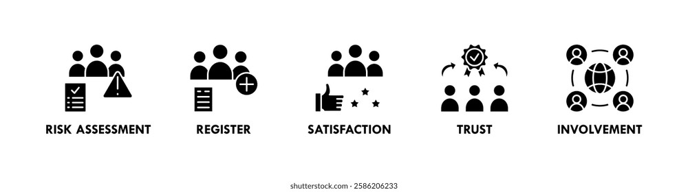 Stakeholder banner web icon illustration concept with icon of risk assessment, register, satisfaction, trust, and involvement