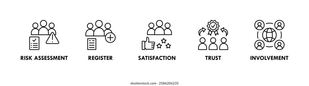 Stakeholder banner web icon illustration concept with icon of risk assessment, register, satisfaction, trust, and involvement