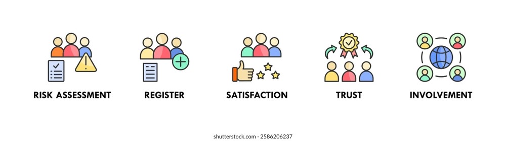 Stakeholder banner web icon illustration concept with icon of risk assessment, register, satisfaction, trust, and involvement