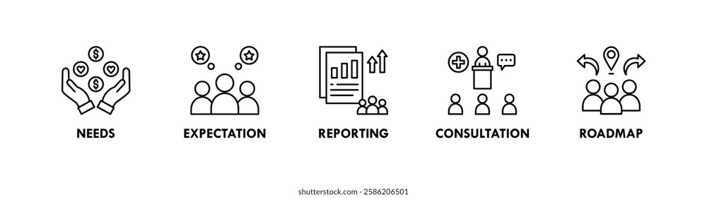 Stakeholder banner web icon illustration concept with icon of needs, expectation, reporting, consultation, and roadmap