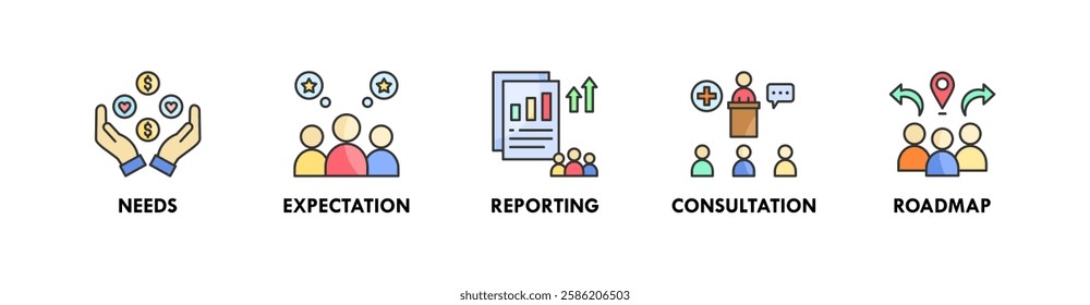 Stakeholder banner web icon illustration concept with icon of needs, expectation, reporting, consultation, and roadmap