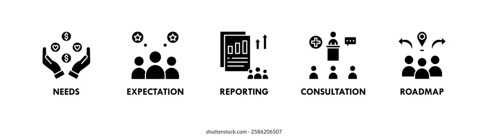 Stakeholder banner web icon illustration concept with icon of needs, expectation, reporting, consultation, and roadmap