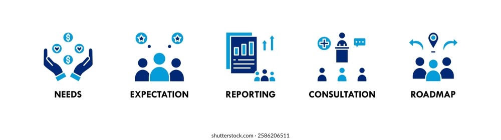 Stakeholder banner web icon illustration concept with icon of needs, expectation, reporting, consultation, and roadmap