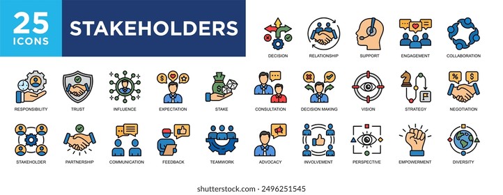 Stakeholder, business, management, collaboration, strategy, team icon set. icons collection. Simple vector illustration